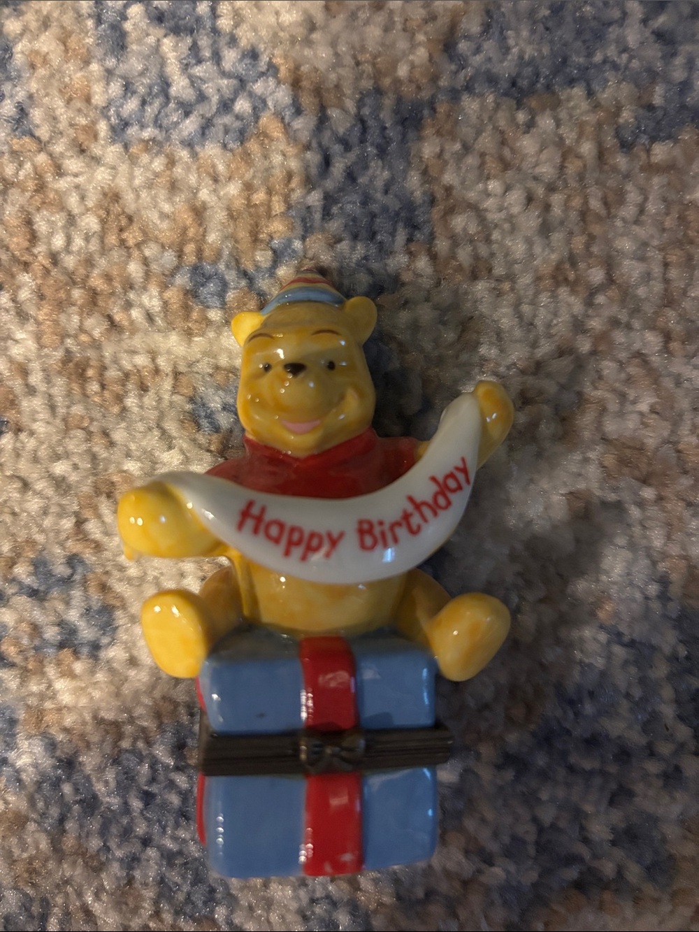 Disney Yellow Winnie the Pooh Birthday Figurine with Blue Gift box